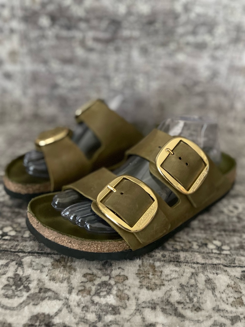 Birkenstock Big Buckle Arizona Olive Green Oiled Leathee Sandals Size 41 Gold - Picture 4 of 10